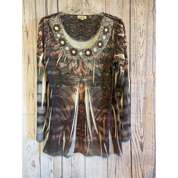 One World Tops - One World Black & Brown BOHO Top Shirt Beaded Design on Neck Size Large